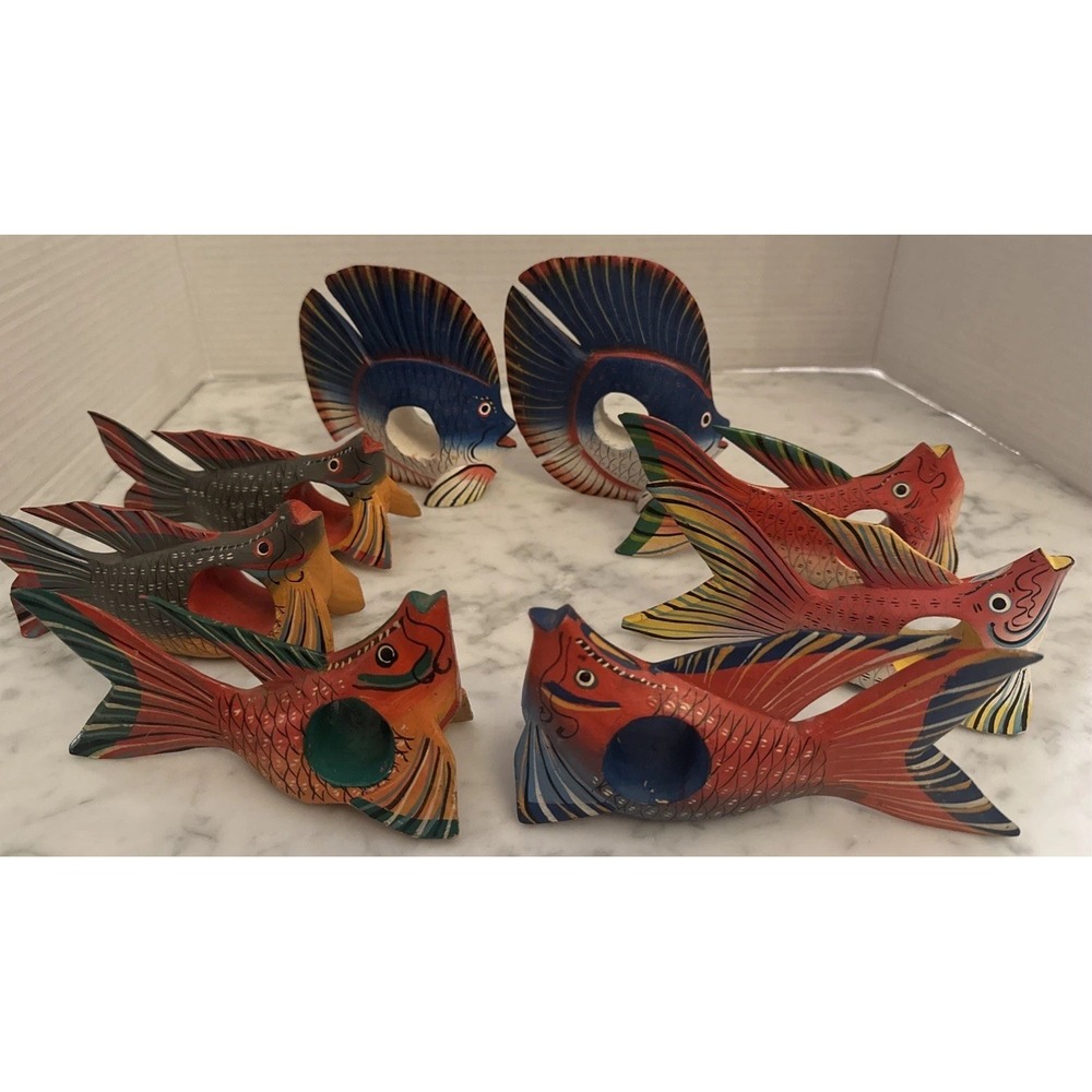 Tropical Fish Wooden‎ Napkin Ring Holders Painted Set Of 6 Vintage Painted